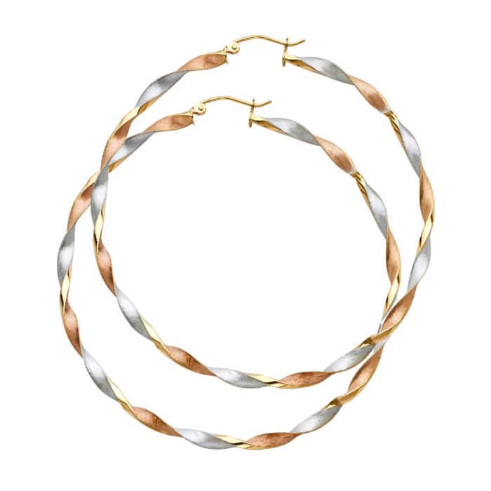 14K Tri Color Gold Curled Hollow Hoop Earrings