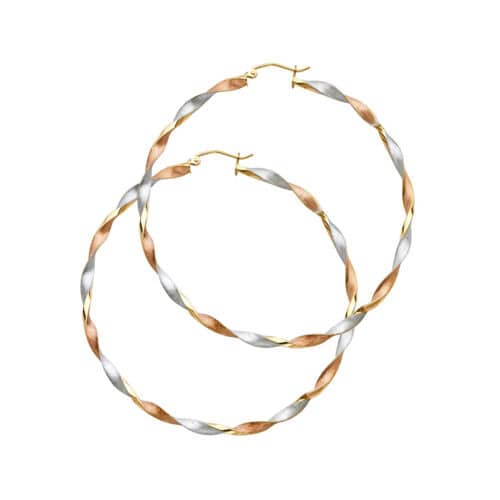 14K Tri Color Gold Curled Hollow Hoop Earrings