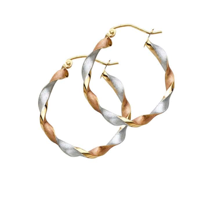 14K Tri Color Gold Curled Hollow Hoop Earrings