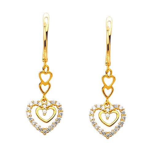 14K Yellow Gold Cubic Zirconia Heart Hanging Earrings