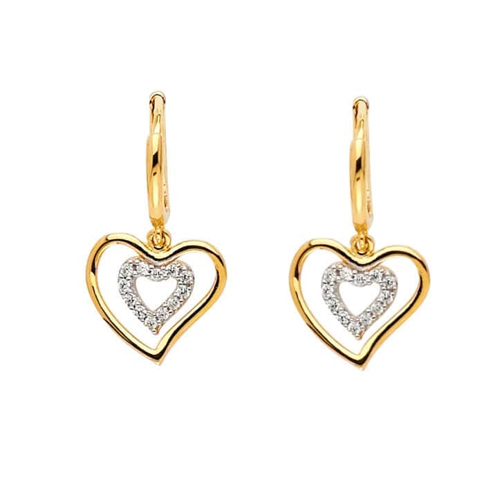 14K Yellow Gold Cubic Zirconia Heart Hanging Earrings