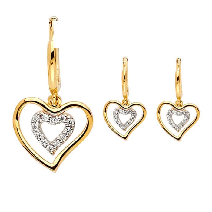 14K Yellow Gold Cubic Zirconia Heart Hanging Earrings - Image 2