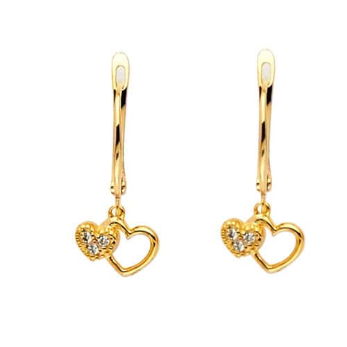 14K Yellow Gold Cubic Zirconia 2 Heart Hanging Earrings