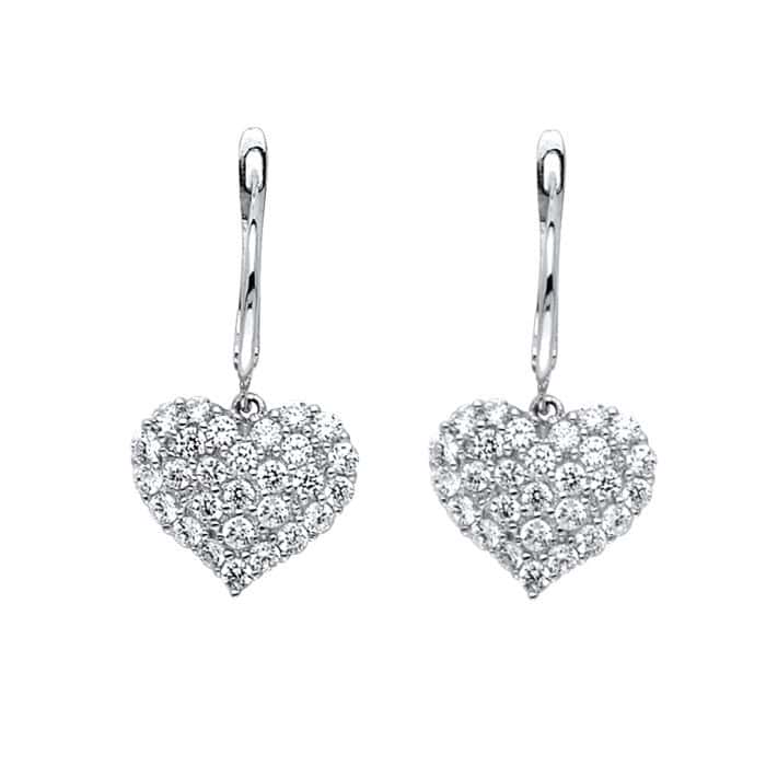 14K White Gold Cubic Zirconia Heart Hanging Earrings