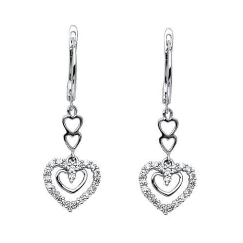 14K White Gold Cubic Zirconia Heart Hanging Earrings