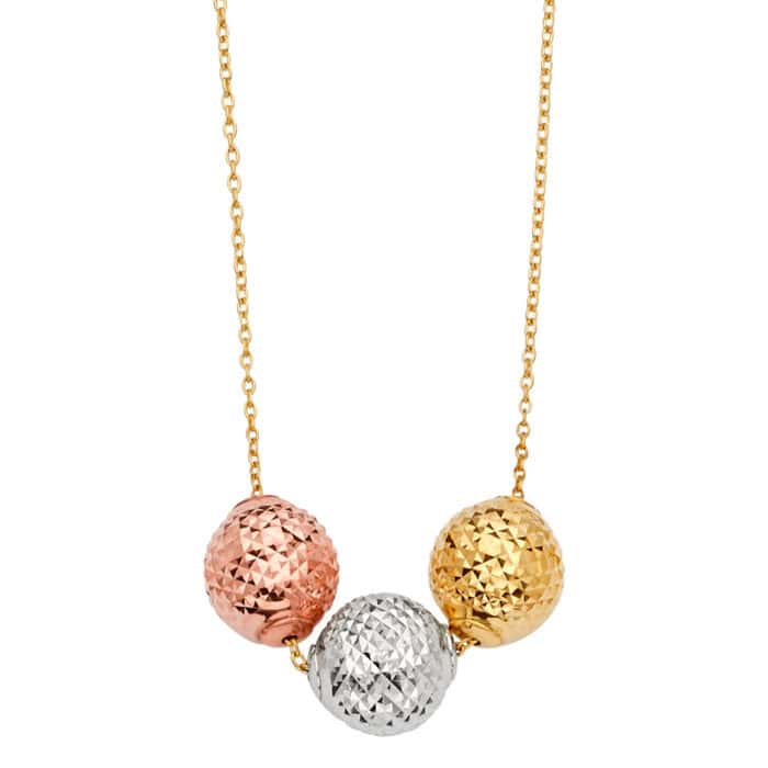14K Tri Color Gold Diamond Cut 3Ball Light Chain Necklace