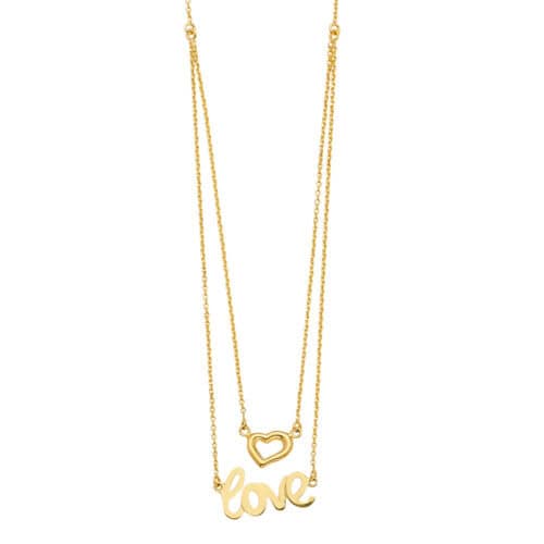 14K Yellow Gold 2Lines Chain Necklace w/Heart+Love
