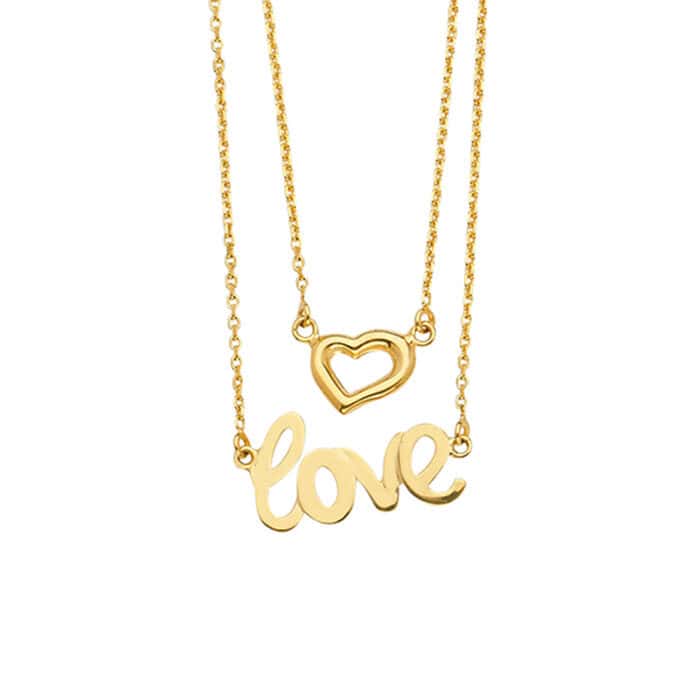 14K Yellow Gold 2Lines Chain Necklace w/Heart+Love - Image 3