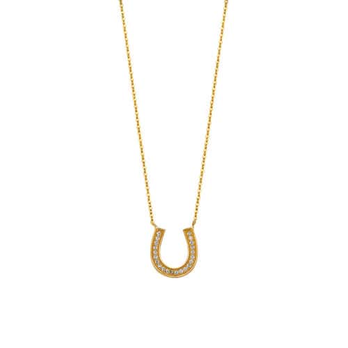 14K Yellow Gold Pave Cubic Zirconia Lucky Horseshoe Necklace - 17+1"