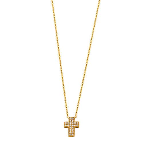 14K Yellow Gold Cubic Zirconia Cross Necklace - 17+1"