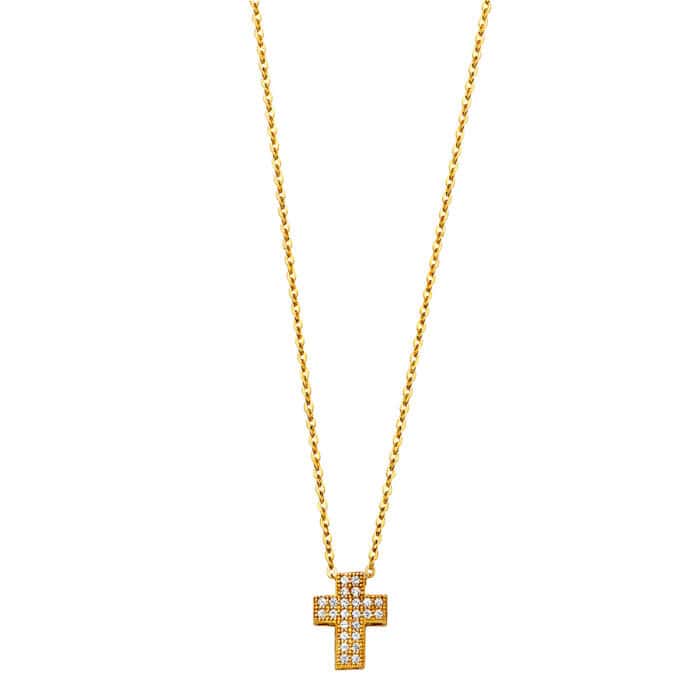 14K Yellow Gold Cubic Zirconia Cross Necklace - 17+1"
