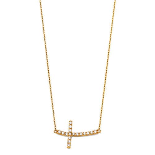 14K Yellow Gold Bended Cubic Zirconia Sideways Cross Necklace - 17+1"