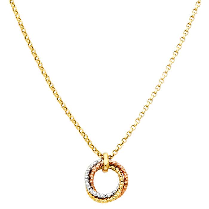 14K Tri Color Gold Round Hanging Necklace - 17+1"