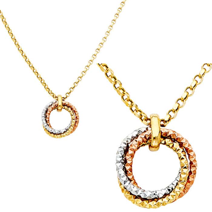 14K Tri Color Gold Round Hanging Necklace - 17+1" - Image 2