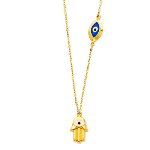 14K Yellow Gold Hamsa + Evil Eye Necklace - 17+1"
