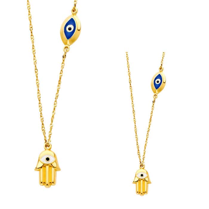 14K Yellow Gold Hamsa + Evil Eye Necklace - 17+1" - Image 4