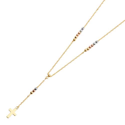 14K Tri Color Gold 2.5mm Beads Ball Rosary Necklace - 17+1"
