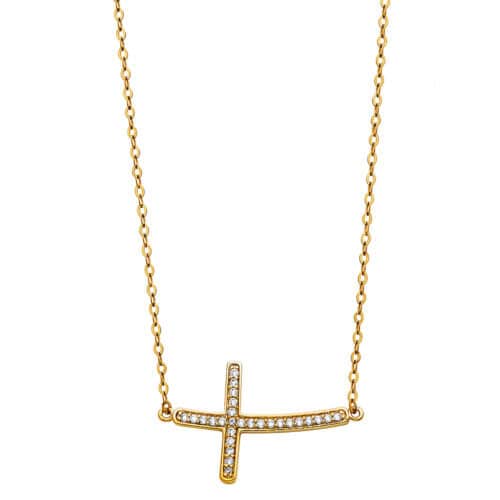 14K Yellow Gold Cubic Zirconia Side Way Cross Necklace - 17+1"