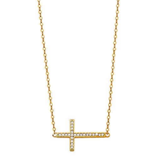 14K Yellow Gold Cubic Zirconia Side Way Cross Necklace - 17+1"