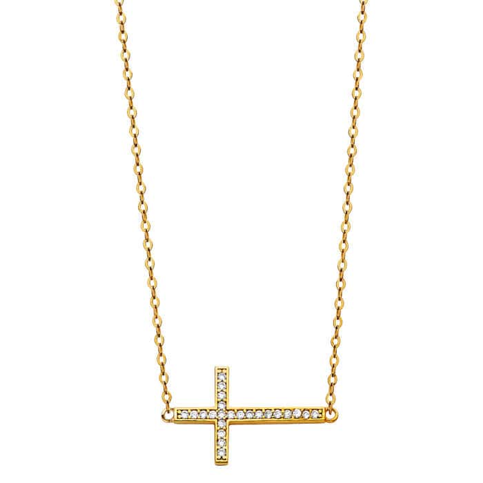 14K Yellow Gold Cubic Zirconia Side Way Cross Necklace - 17+1"