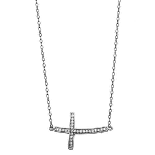 14K White Gold Cubic Zirconia Side Way Cross Necklace - 17+1"