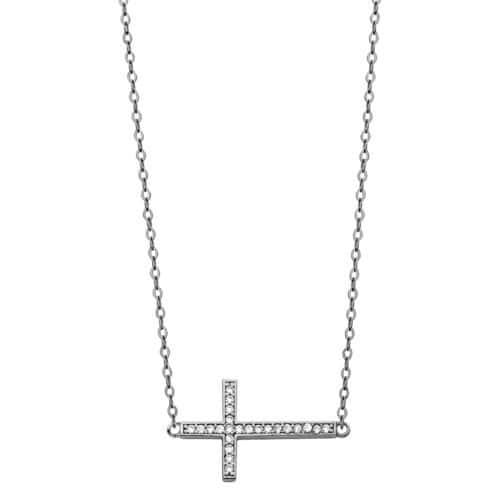 14K White Gold Cubic Zirconia Side Way Cross Necklace - 17+1"