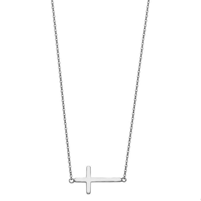 14K White Gold Side Way Cross Necklace - 17+1"