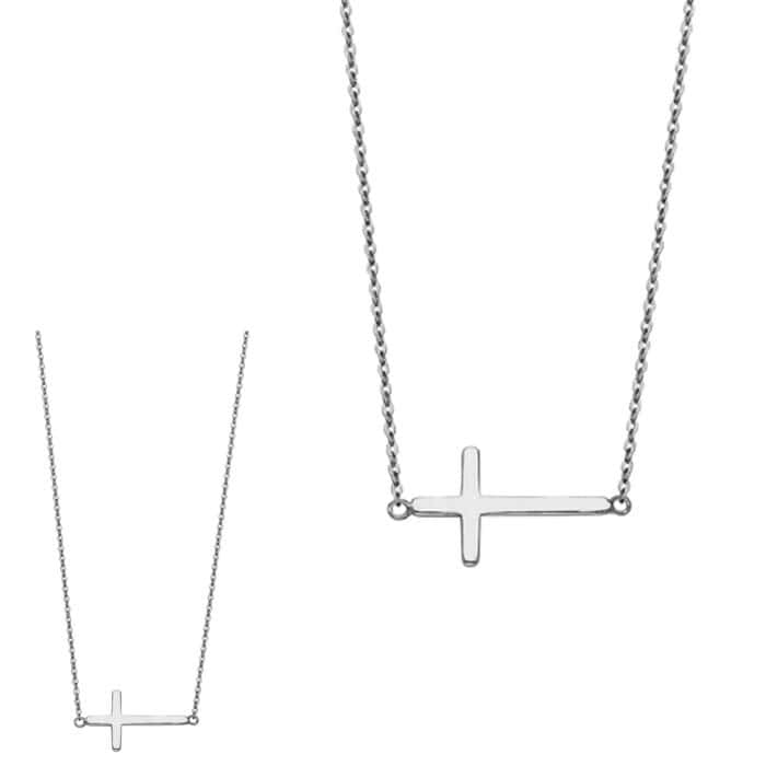14K White Gold Side Way Cross Necklace - 17+1" - Image 2