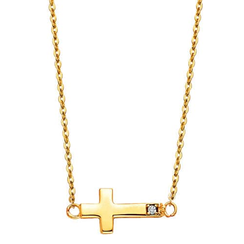 14K Yellow Gold Cubic Zirconia Side Way Cross Necklace - 17+1"