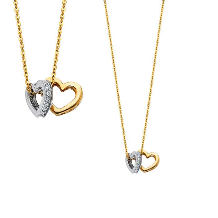 14K Two Tone Gold Cubic Zirconia Double Heart Necklace - 17+1" - Image 2