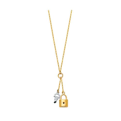 14K Two Tone Gold Key & Lock Necklace - 17+1"
