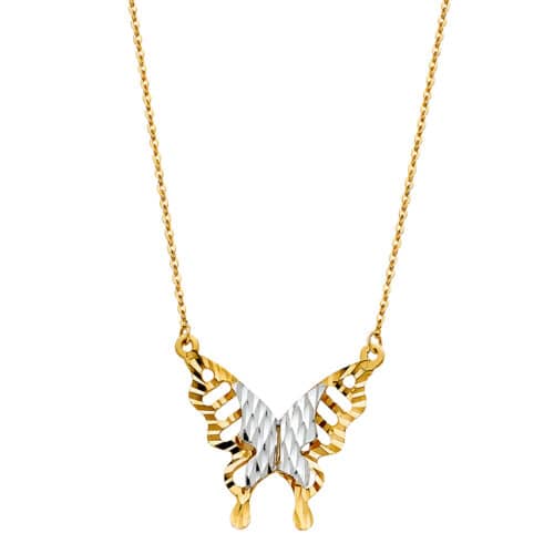 14K Two Tone Gold Butterfly Necklace - 17+1"
