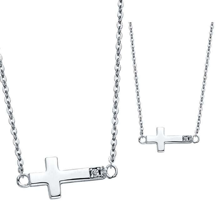 14K White Gold Cubic Zirconia Side Way Cross Necklace - 17+1" - Image 2