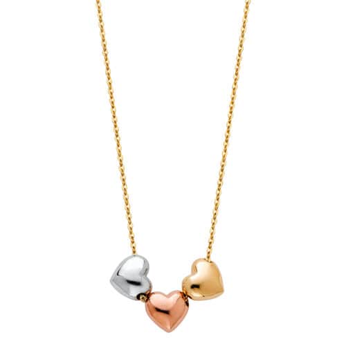 14K Tri Color Gold 3 Heart Necklace - 17+1"