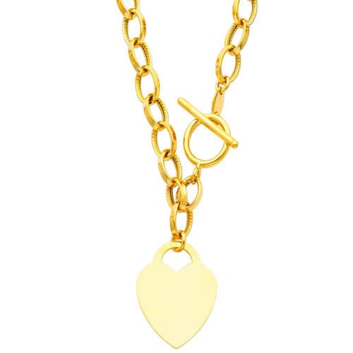 14K Yellow Gold Hollow Links With Heart Necklace - 18"