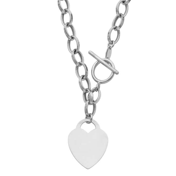 14K White Gold Hollow Links With Heart Necklace - 18"