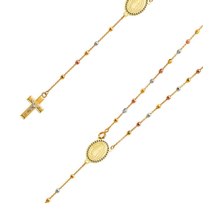14K Tri Color Gold 2.5mm Ball Rosary Necklace - 20" - Image 3
