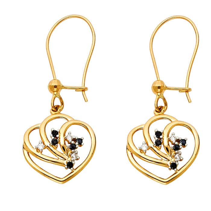 14K Yellow Gold Heart Cubic Zirconia Hanging Earrings