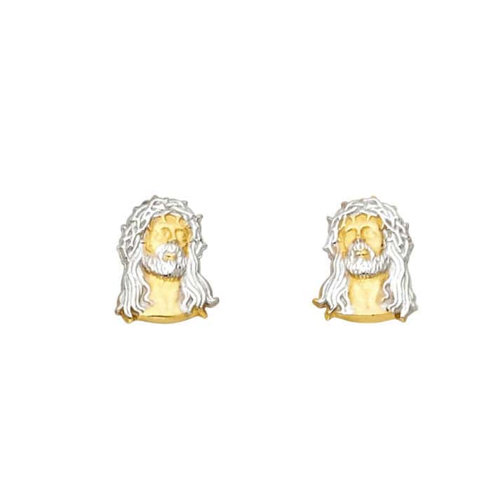 14K Two Tone Gold Jesus Face Post Earrings - Image 2