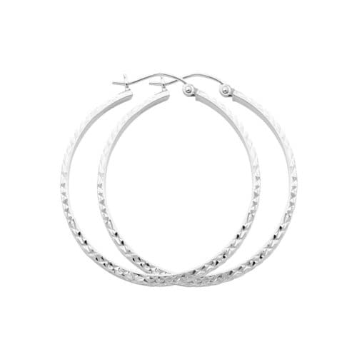 14K White Gold 3mm Diamond Cut Hoop Earrings