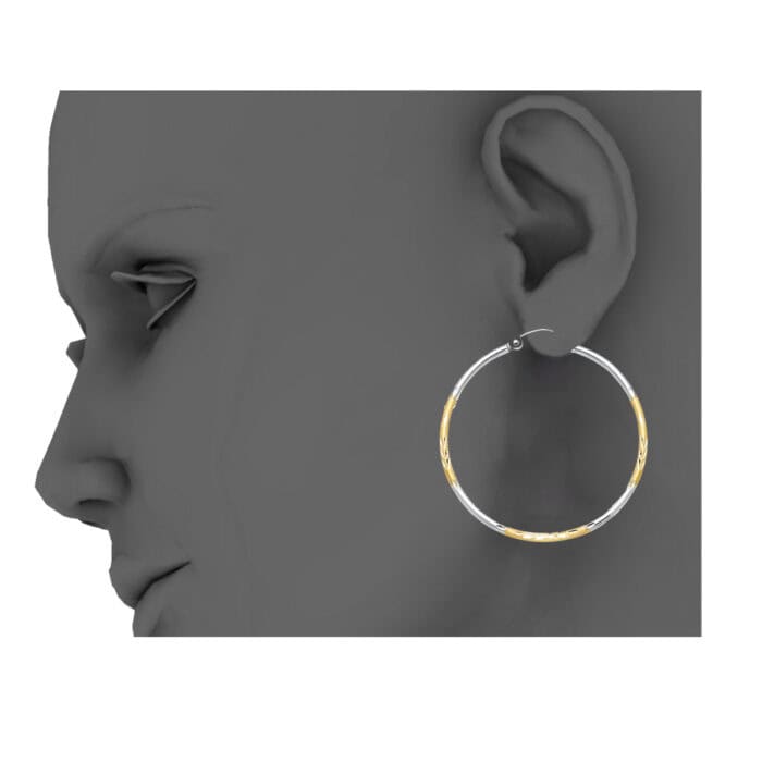 14K Two Tone Gold Diamond Cut Hoop Earrings - Image 2