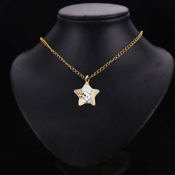 14K Tri Color Gold Star with Religious Praying Boy Pendant - Image 2