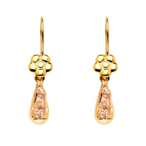 14K Two Tone Gold Hollow Our Lady of Guadalupe Teardrop Hanging Earrings