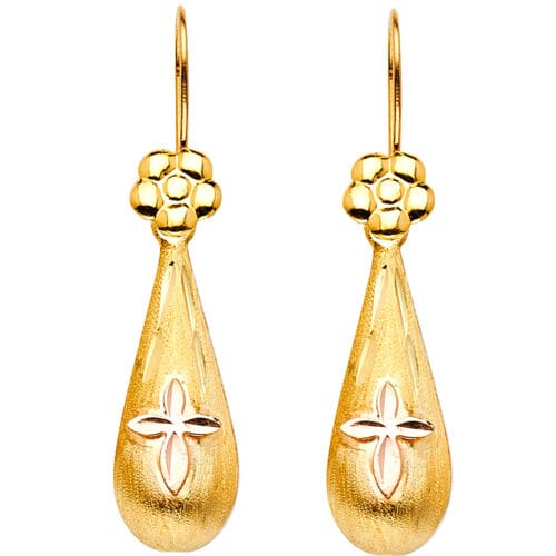 14K Two Tone Gold Hollow Flower Teardrop Hanging Earrings
