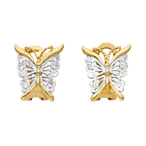 14K Two Tone Gold Butterfly Earrings W/Clip Lock