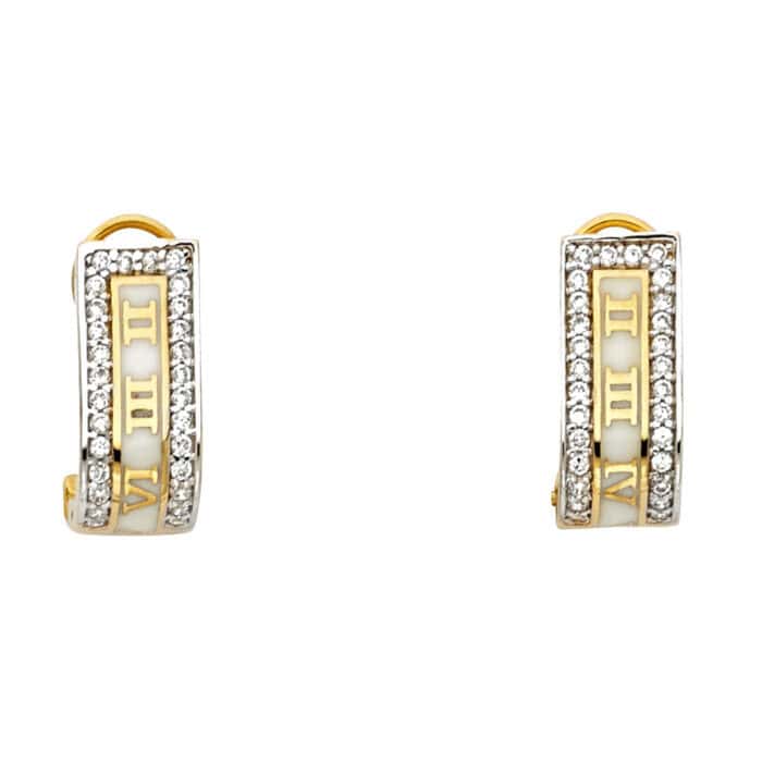 14K Two Tone Gold Roman Earrings W/Clip Lock