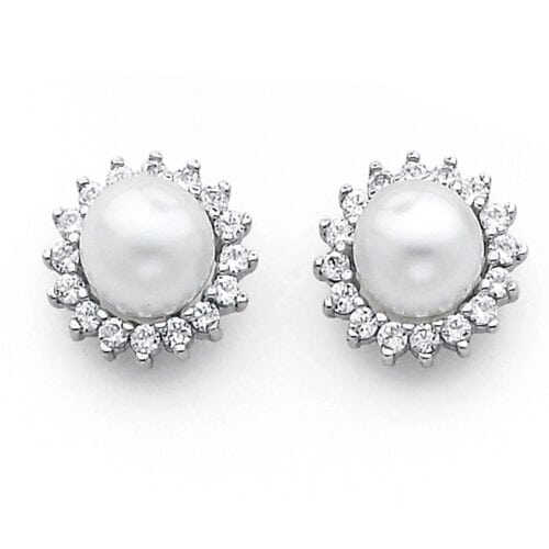14K White Gold 8mm Pearl with Cubic Zirconia Earrings