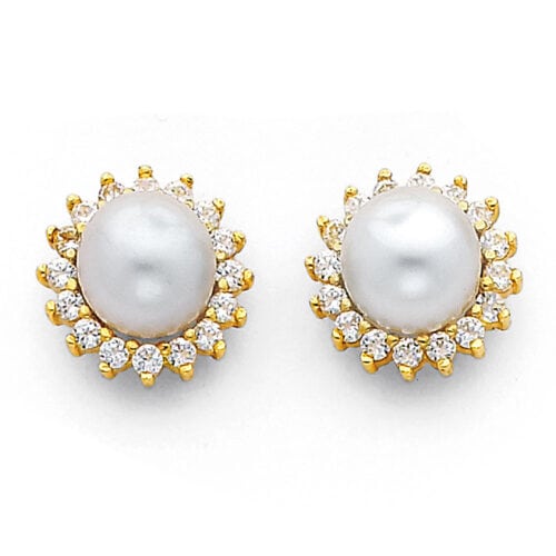 14K Yellow Gold 8mm Pearl with Cubic Zirconoa Earrings