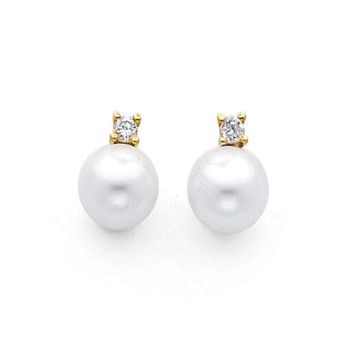 14K Yellow Gold 8mm Pearl with Cubic Zirconia Earrings