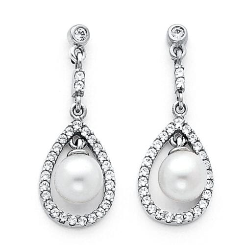 14K White Gold 6mm Pearl with Cubic Zirconia Earrings